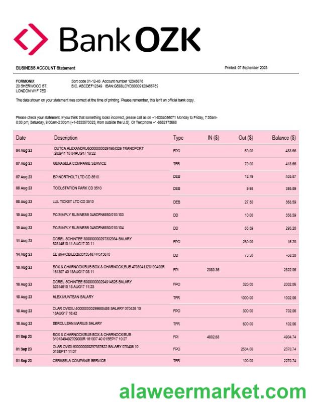 Bank of the Ozarks firm account statement Word and PDF template